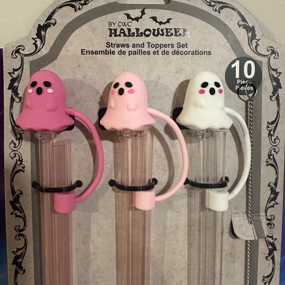 Halloween Ghost Straws and Toppers Set - Light Pink, Dark Pink, White, and brush